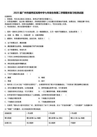 2025届广州市越秀区知用中学七年级生物第二学期期末复习检测试题含解析
