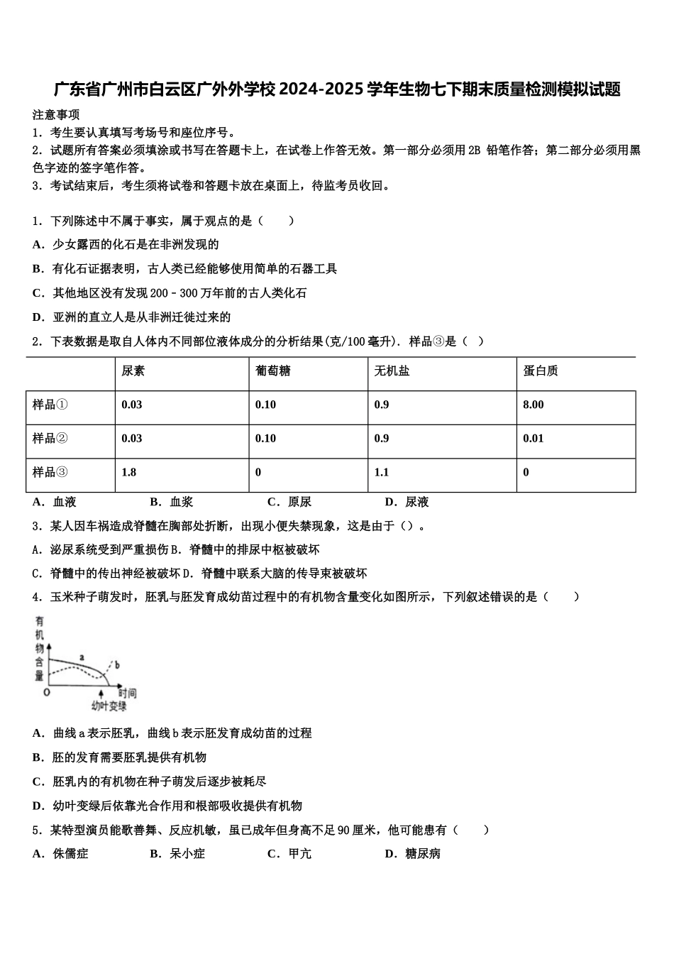 广东省广州市白云区广外外学校2024-2025学年生物七下期末质量检测模拟试题含解析_第1页