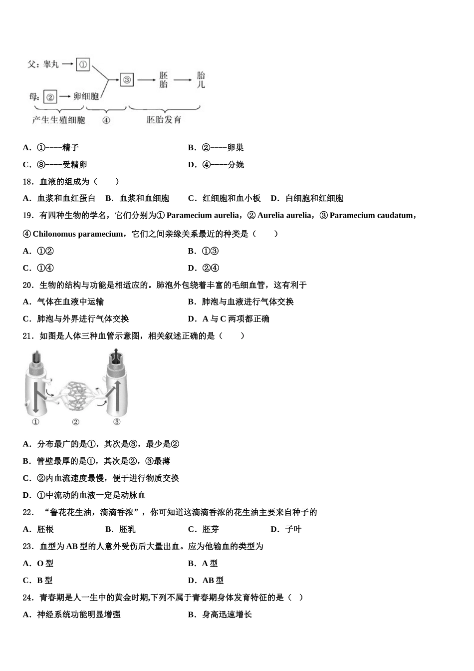 广东省深圳市深圳实验学校2024-2025学年生物七年级第二学期期末联考试题含解析_第3页
