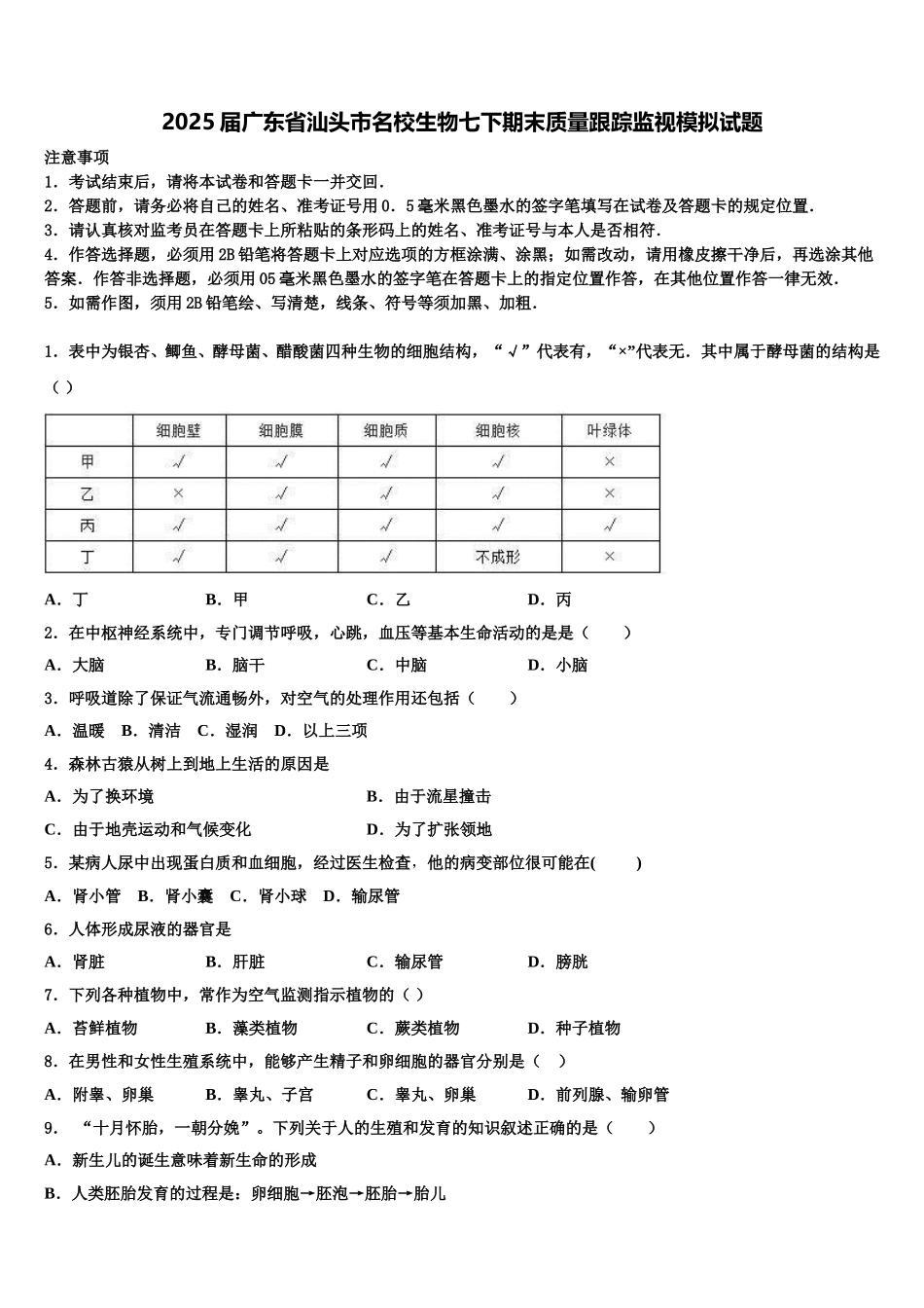 2025届广东省汕头市名校生物七下期末质量跟踪监视模拟试题含解析_第1页