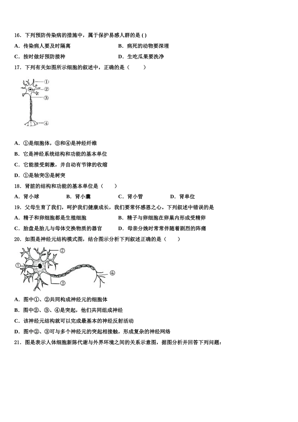 2024-2025学年广东省汕尾市七下生物期末经典试题含解析_第3页