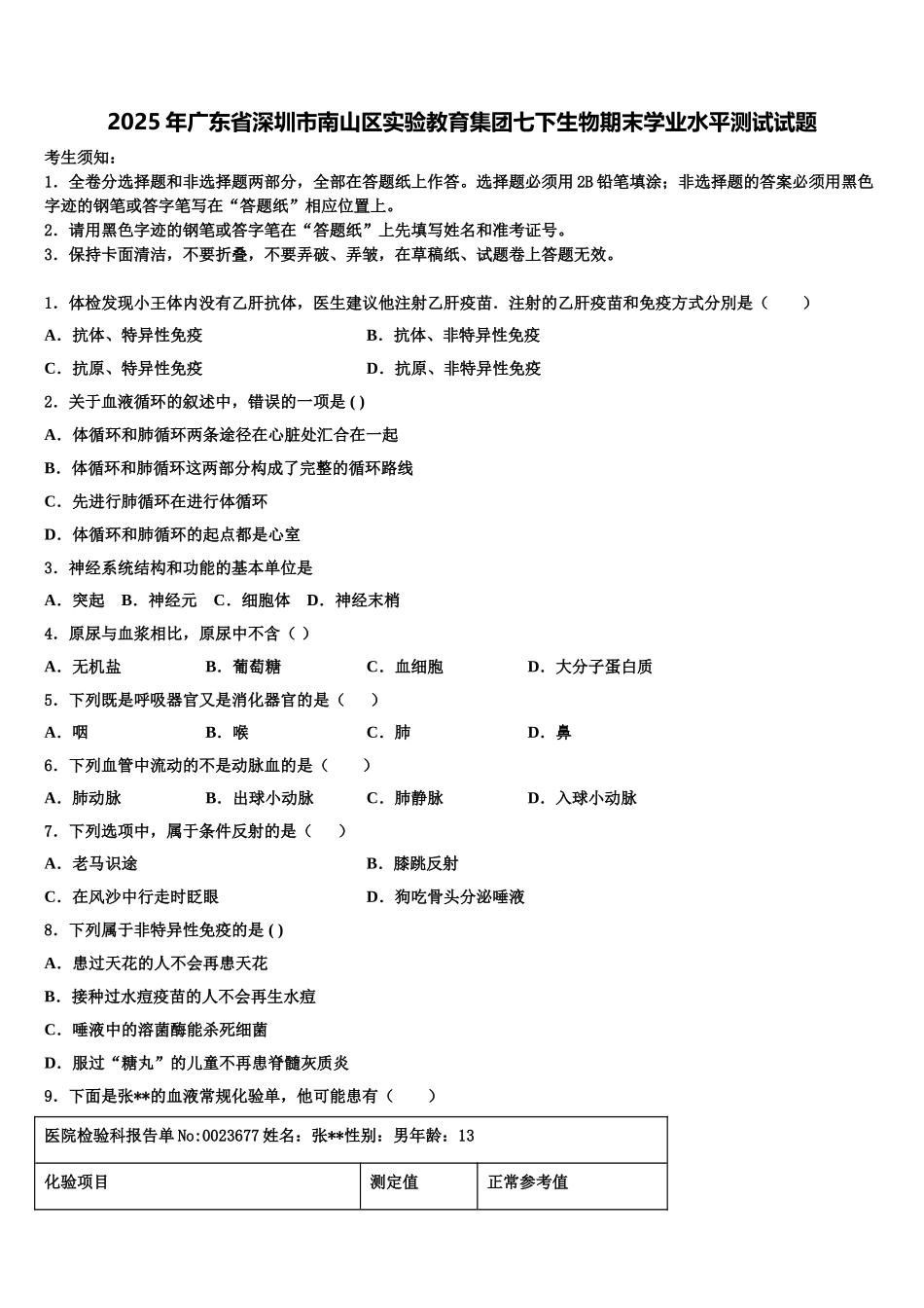 2025年广东省深圳市南山区实验教育集团七下生物期末学业水平测试试题含解析_第1页