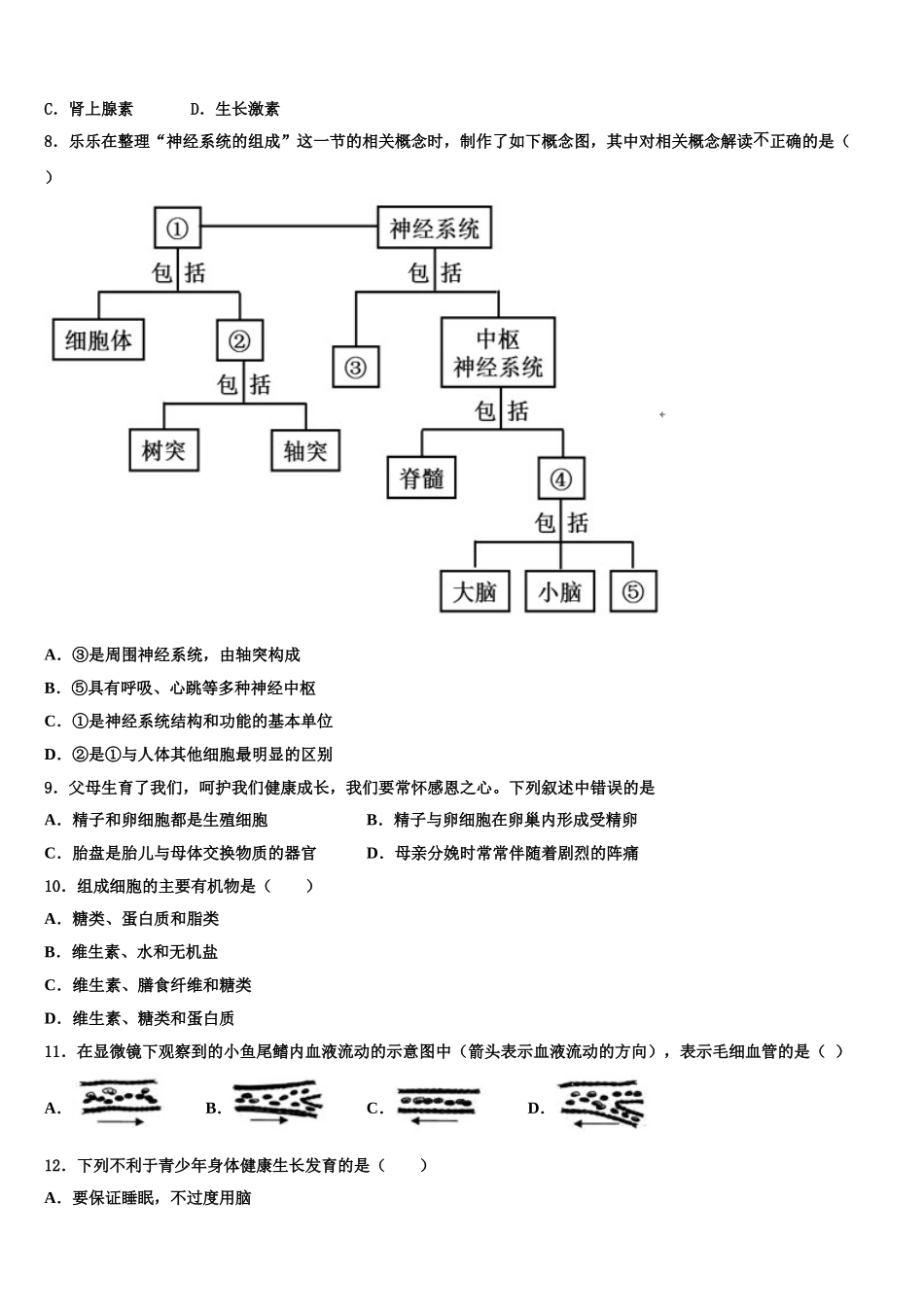 广东省深圳福田区五校联考2025届七下生物期末质量检测模拟试题含解析_第2页