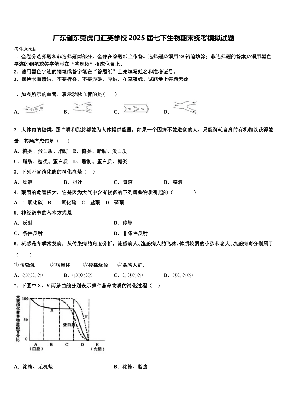 广东省东莞虎门汇英学校2025届七下生物期末统考模拟试题含解析_第1页