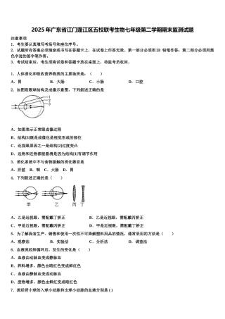 2025年广东省江门蓬江区五校联考生物七年级第二学期期末监测试题含解析
