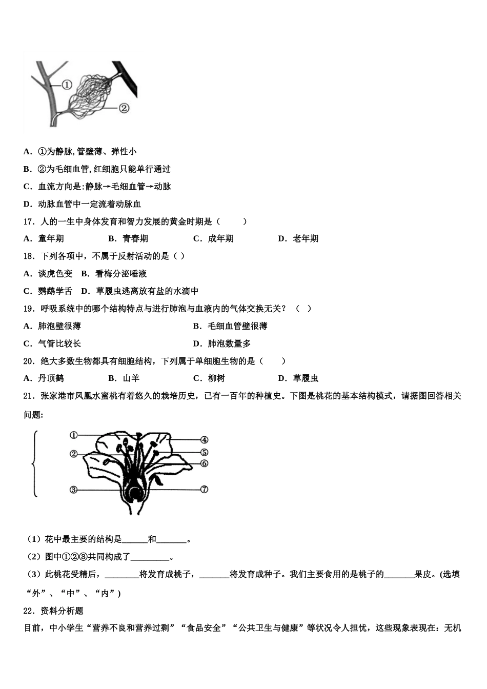 广东省阳江市教育局教研究室2024-2025学年七年级生物第二学期期末学业水平测试模拟试题含解析_第3页