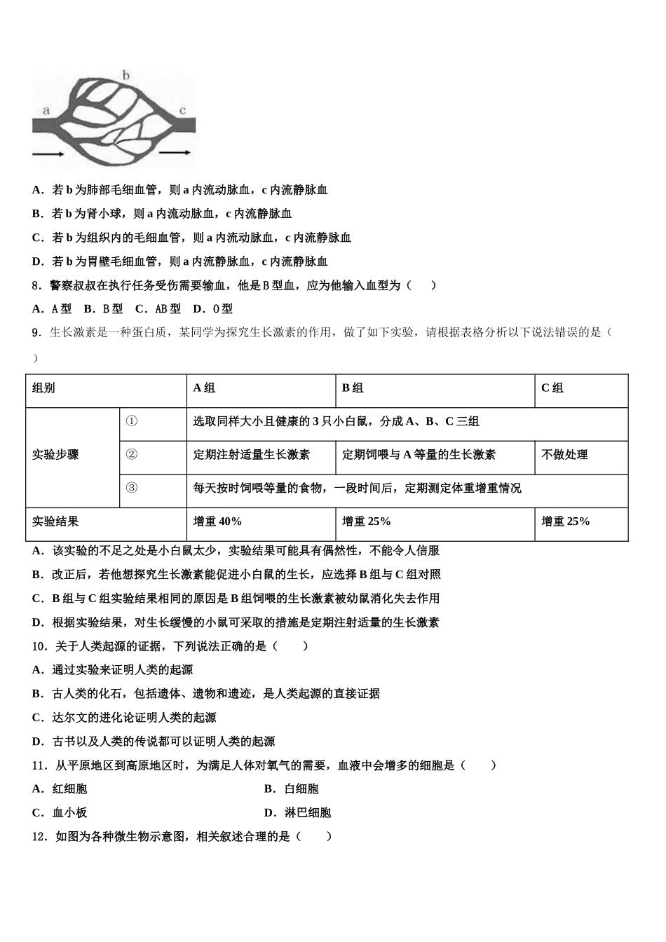 2024-2025学年汕头市重点中学七下生物期末教学质量检测模拟试题含解析_第2页
