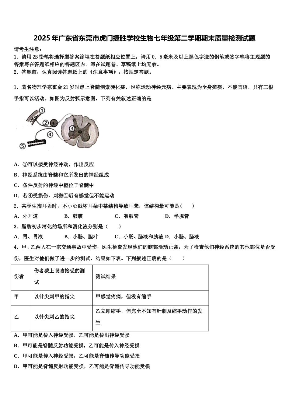 2025年广东省东莞市虎门捷胜学校生物七年级第二学期期末质量检测试题含解析_第1页