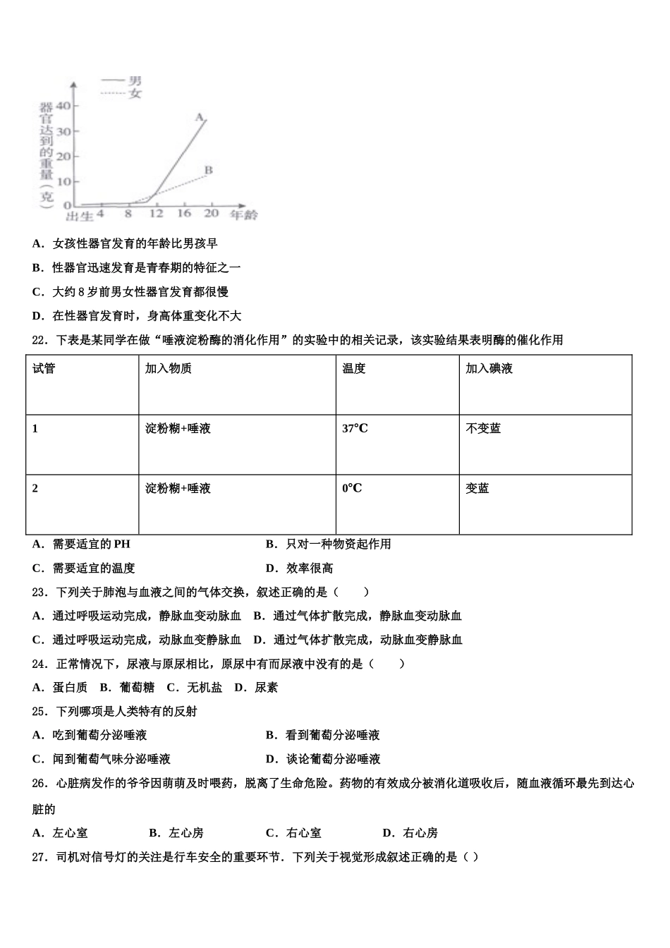 广东省中学山市黄圃镇马新初级中学2025年生物七年级第二学期期末达标测试试题含解析_第3页