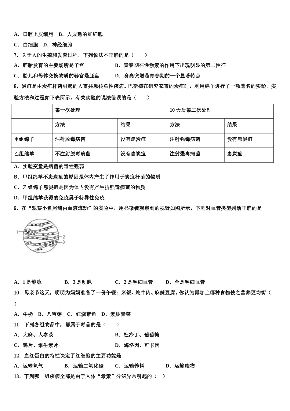 潮安龙湖中学2025届生物七下期末调研试题含解析_第2页