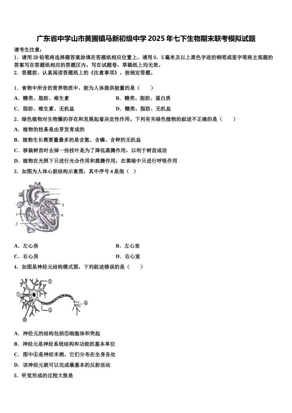 广东省中学山市黄圃镇马新初级中学2025年七下生物期末联考模拟试题含解析_第1页