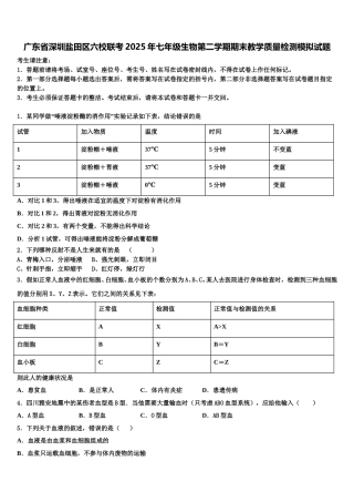 广东省深圳盐田区六校联考2025年七年级生物第二学期期末教学质量检测模拟试题含解析