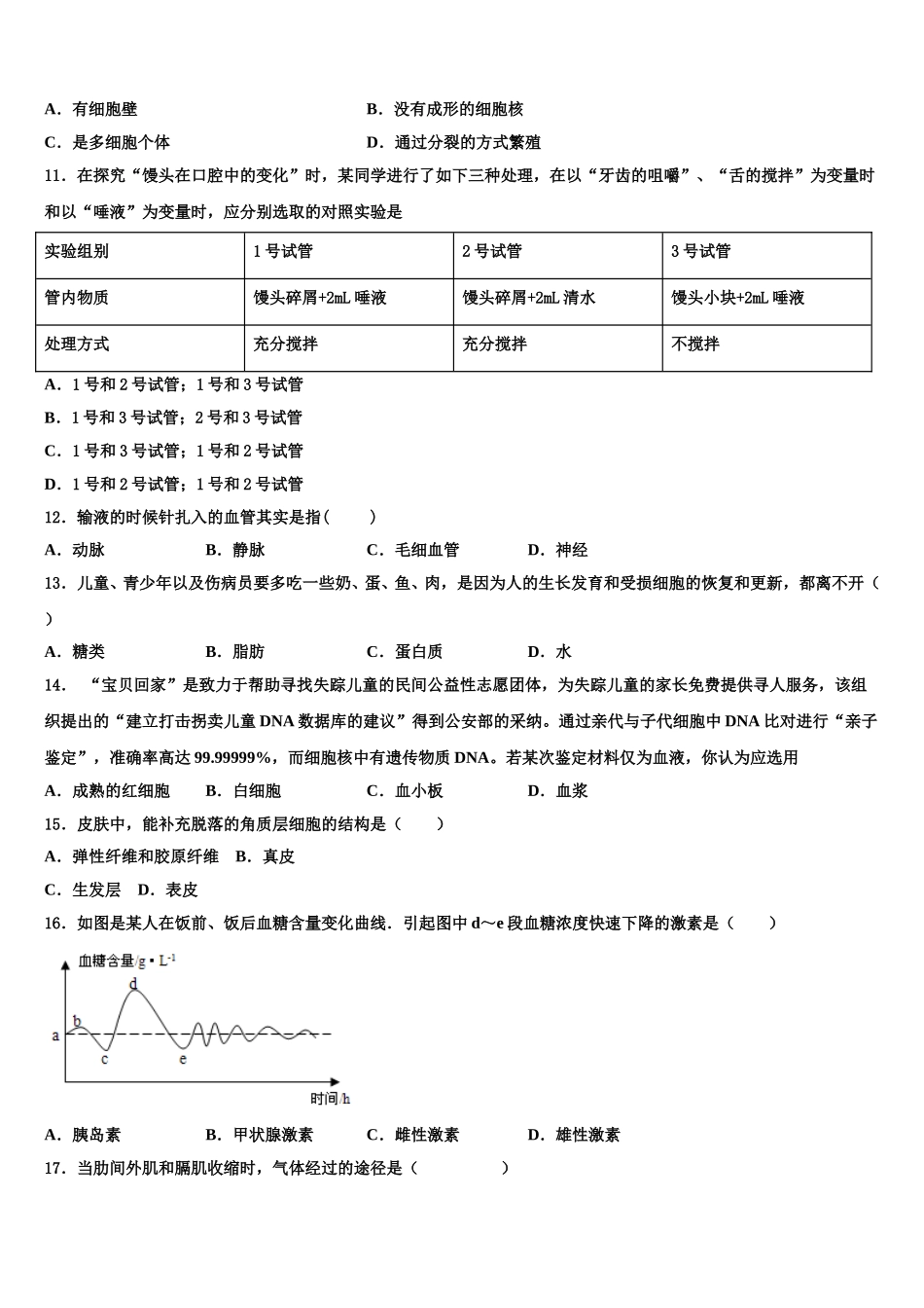广东省珠海市九洲中学2024-2025学年生物七下期末质量检测模拟试题含解析_第2页