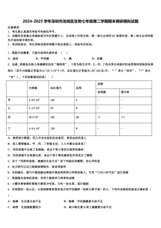 2024-2025学年深圳市龙岗区生物七年级第二学期期末调研模拟试题含解析