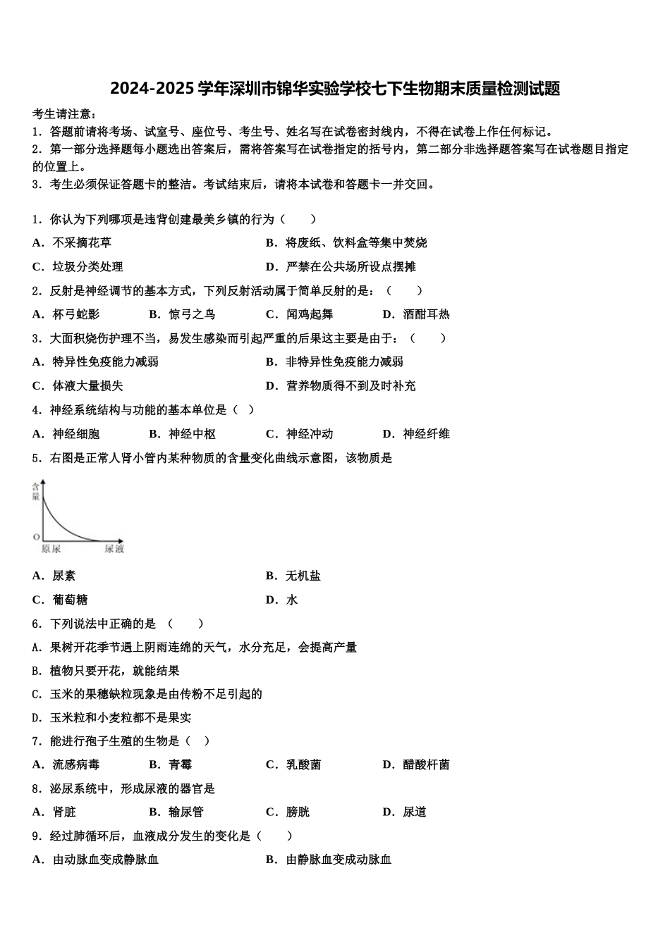 2024-2025学年深圳市锦华实验学校七下生物期末质量检测试题含解析_第1页