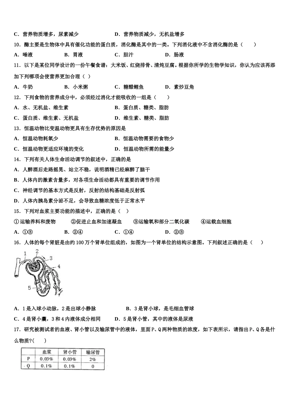 2024-2025学年深圳市锦华实验学校七下生物期末质量检测试题含解析_第2页