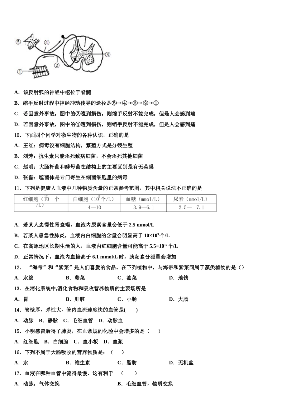 2025届黑龙江省哈尔滨市哈十七中学七年级生物第二学期期末考试模拟试题含解析_第2页