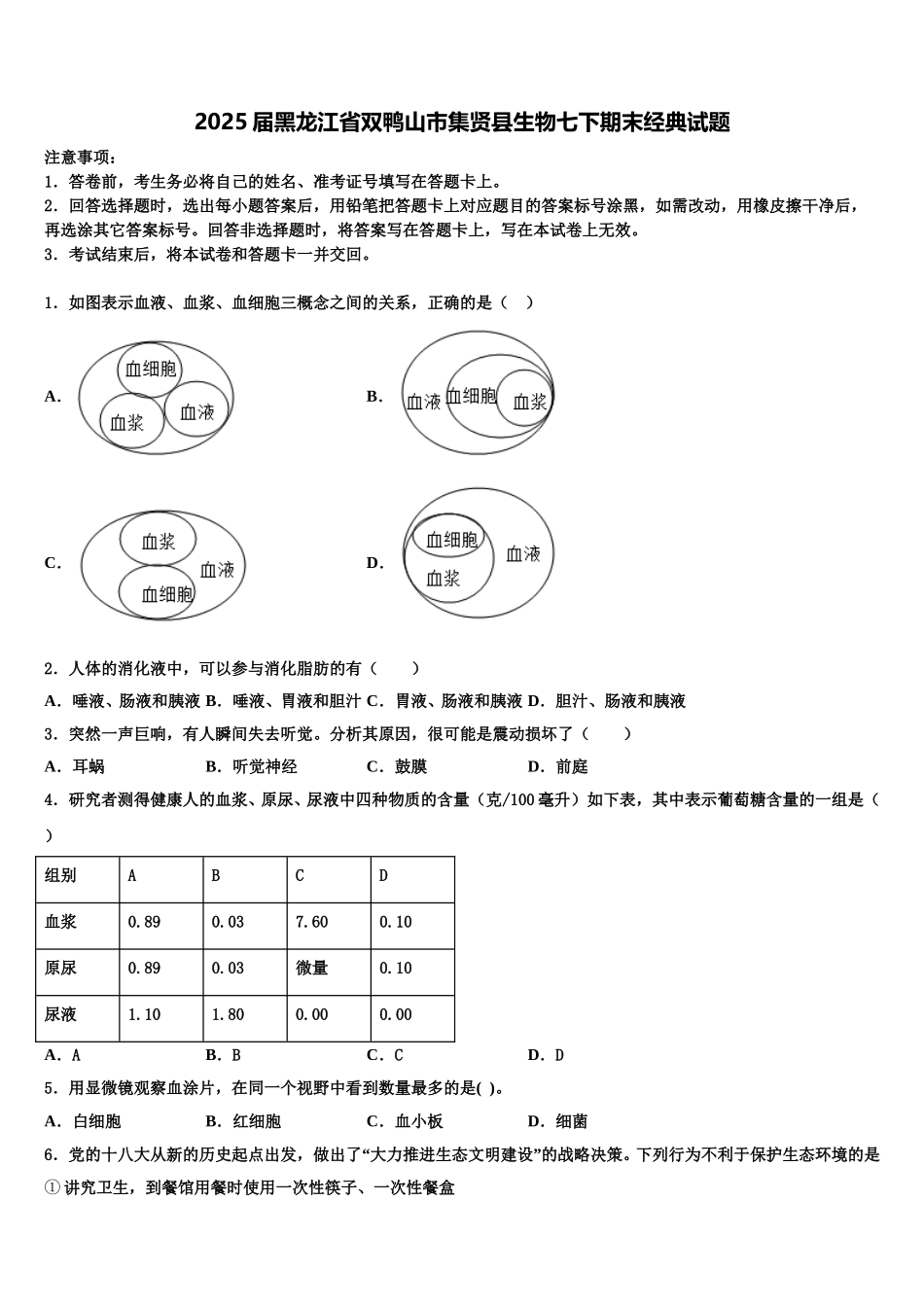 2025届黑龙江省双鸭山市集贤县生物七下期末经典试题含解析_第1页