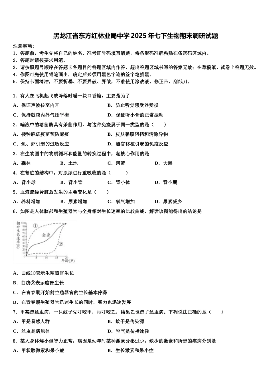 黑龙江省东方红林业局中学2025年七下生物期末调研试题含解析_第1页