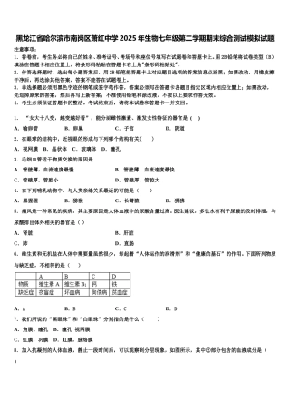 黑龙江省哈尔滨市南岗区萧红中学2025年生物七年级第二学期期末综合测试模拟试题含解析