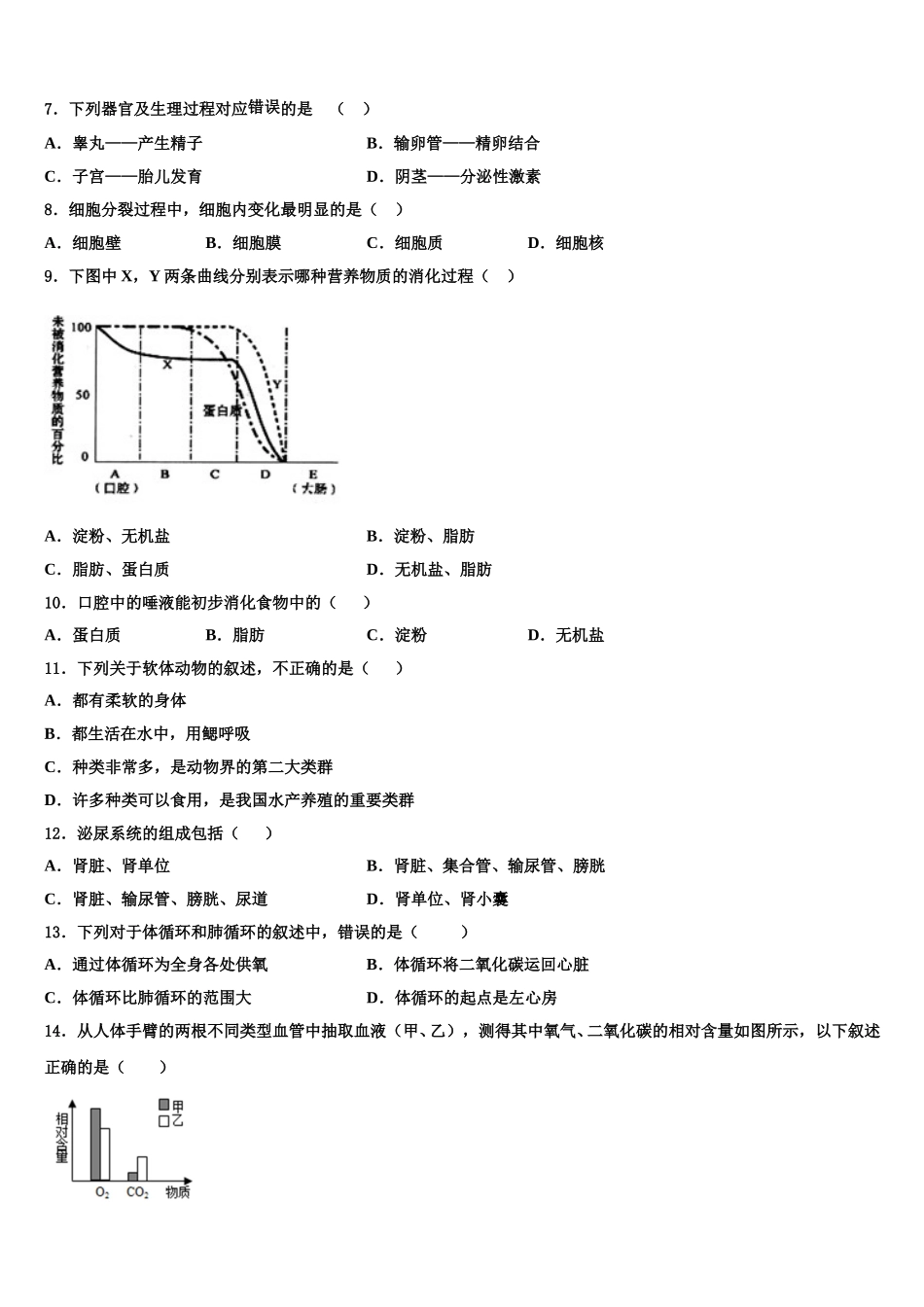 黑龙江省哈尔滨市南岗区萧红中学2025届七年级生物第二学期期末学业水平测试试题含解析_第2页