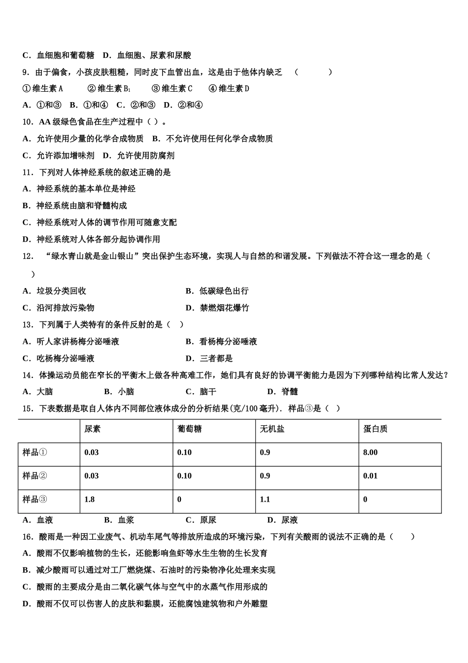 黑龙江省牡丹江一中学2024-2025学年七年级生物第二学期期末监测模拟试题含解析_第2页