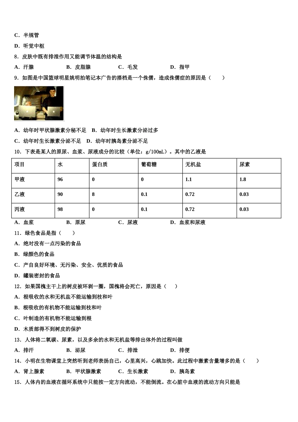 黑龙江省大庆肇源县联考2024-2025学年生物七下期末达标检测试题含解析_第2页