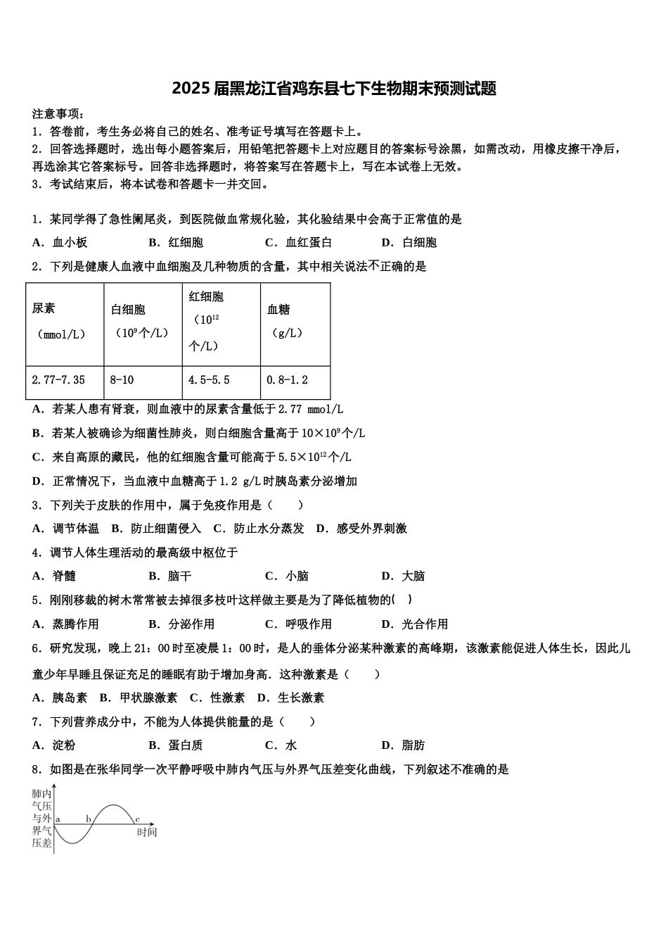 2025届黑龙江省鸡东县七下生物期末预测试题含解析_第1页