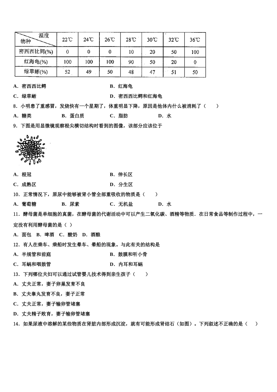 黑龙江省哈尔滨松北区四校联考2024-2025学年生物七下期末综合测试试题含解析_第2页