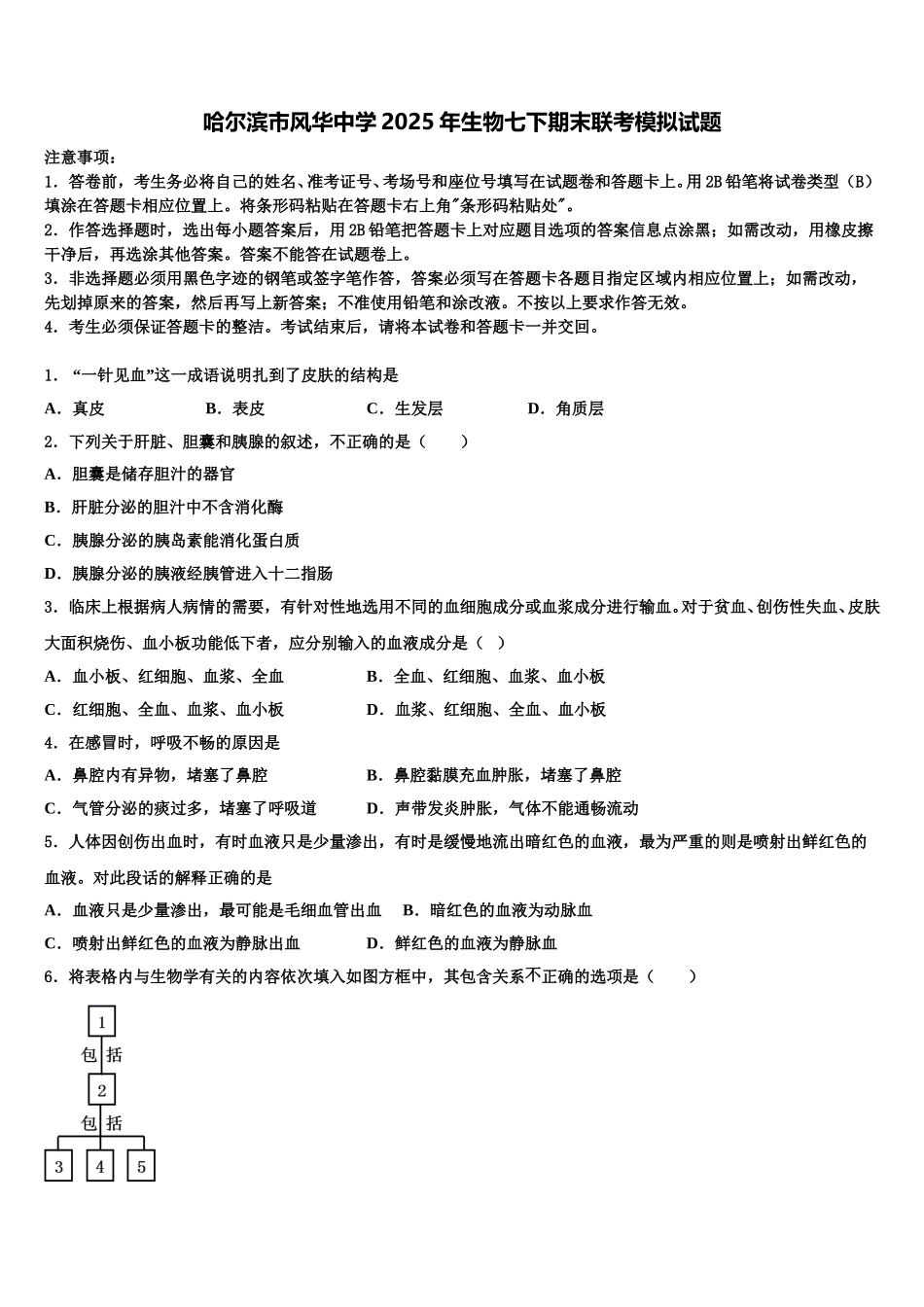 哈尔滨市风华中学2025年生物七下期末联考模拟试题含解析_第1页