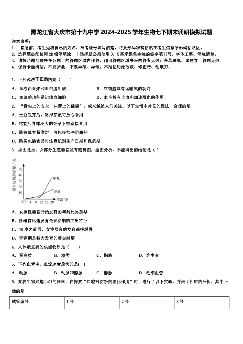 黑龙江省大庆市第十九中学2024-2025学年生物七下期末调研模拟试题含解析_第1页
