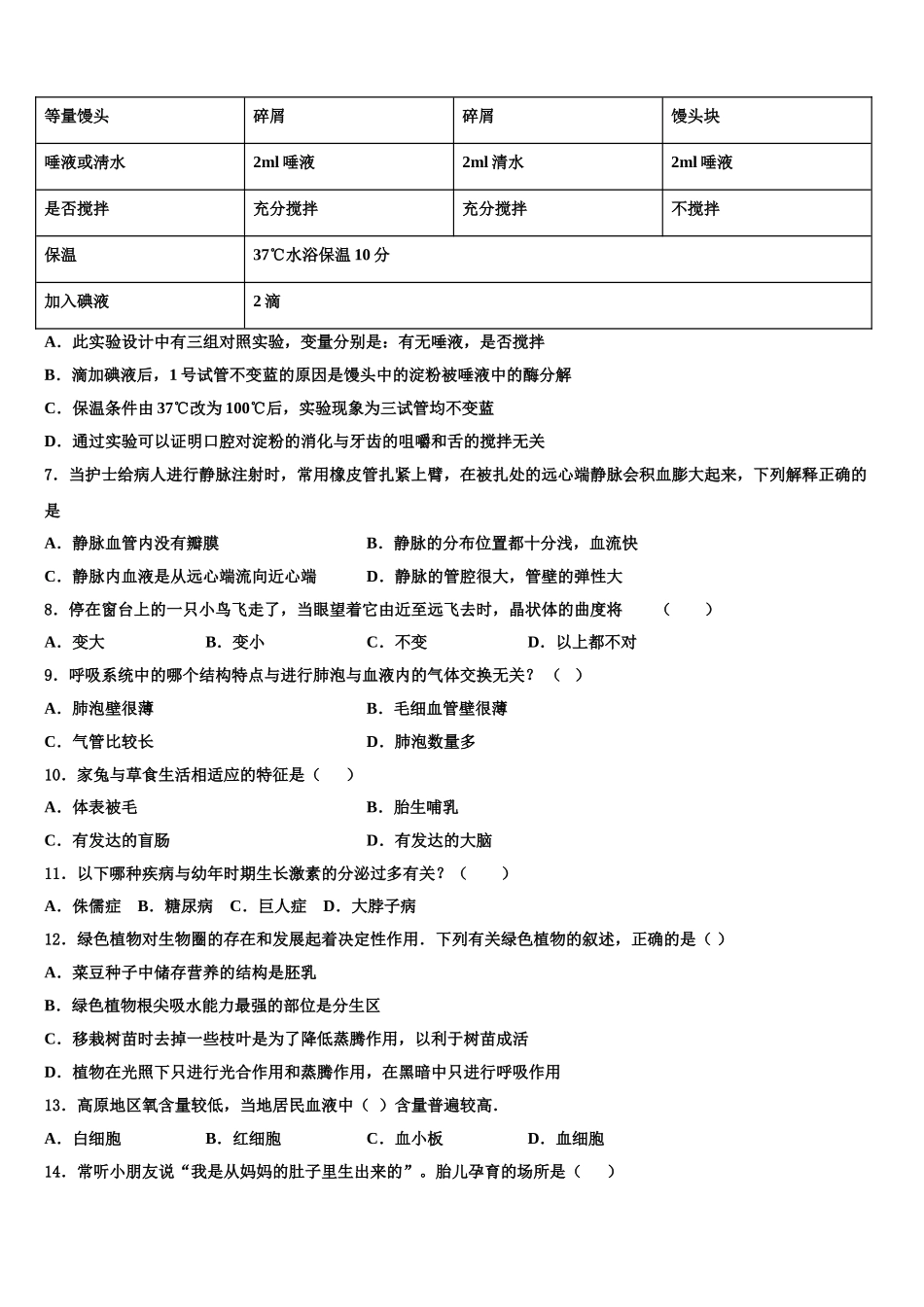 黑龙江省大庆市第十九中学2024-2025学年生物七下期末调研模拟试题含解析_第2页