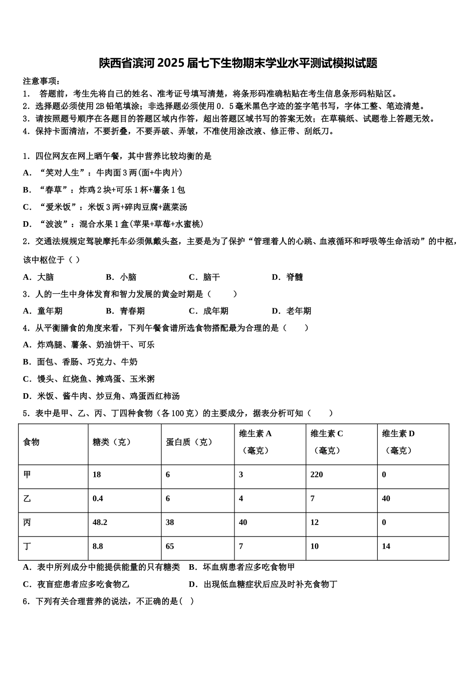 陕西省滨河2025届七下生物期末学业水平测试模拟试题含解析_第1页