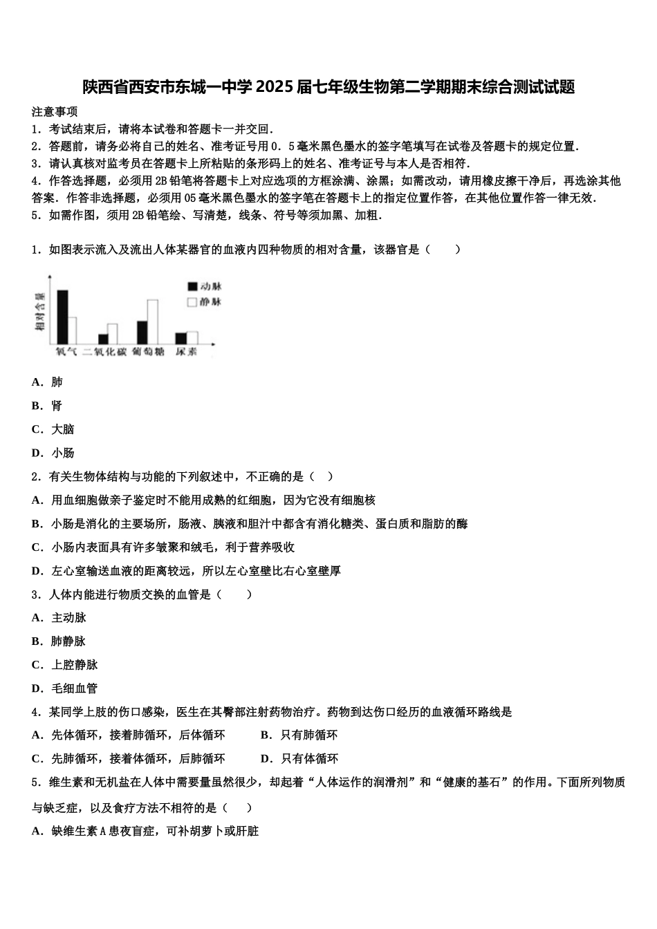 陕西省西安市东城一中学2025届七年级生物第二学期期末综合测试试题含解析_第1页