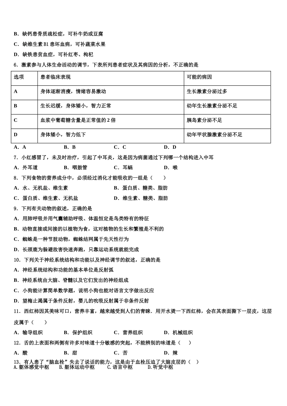陕西省西安市东城一中学2025届七年级生物第二学期期末综合测试试题含解析_第2页