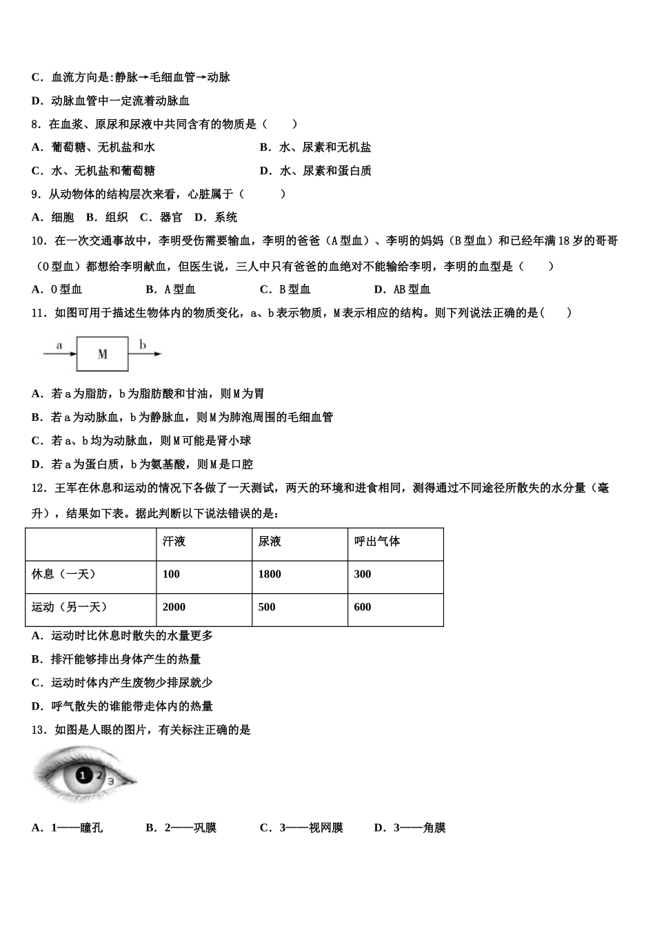 2025年陕西省西安爱知初级中学生物七下期末综合测试试题含解析_第2页