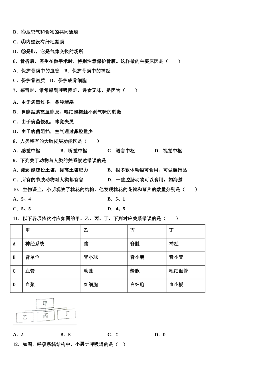 陕西省户县2025届生物七年级第二学期期末质量跟踪监视模拟试题含解析_第2页