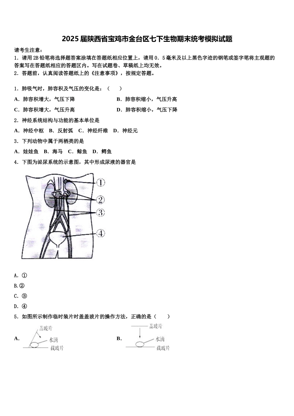 2025届陕西省宝鸡市金台区七下生物期末统考模拟试题含解析_第1页