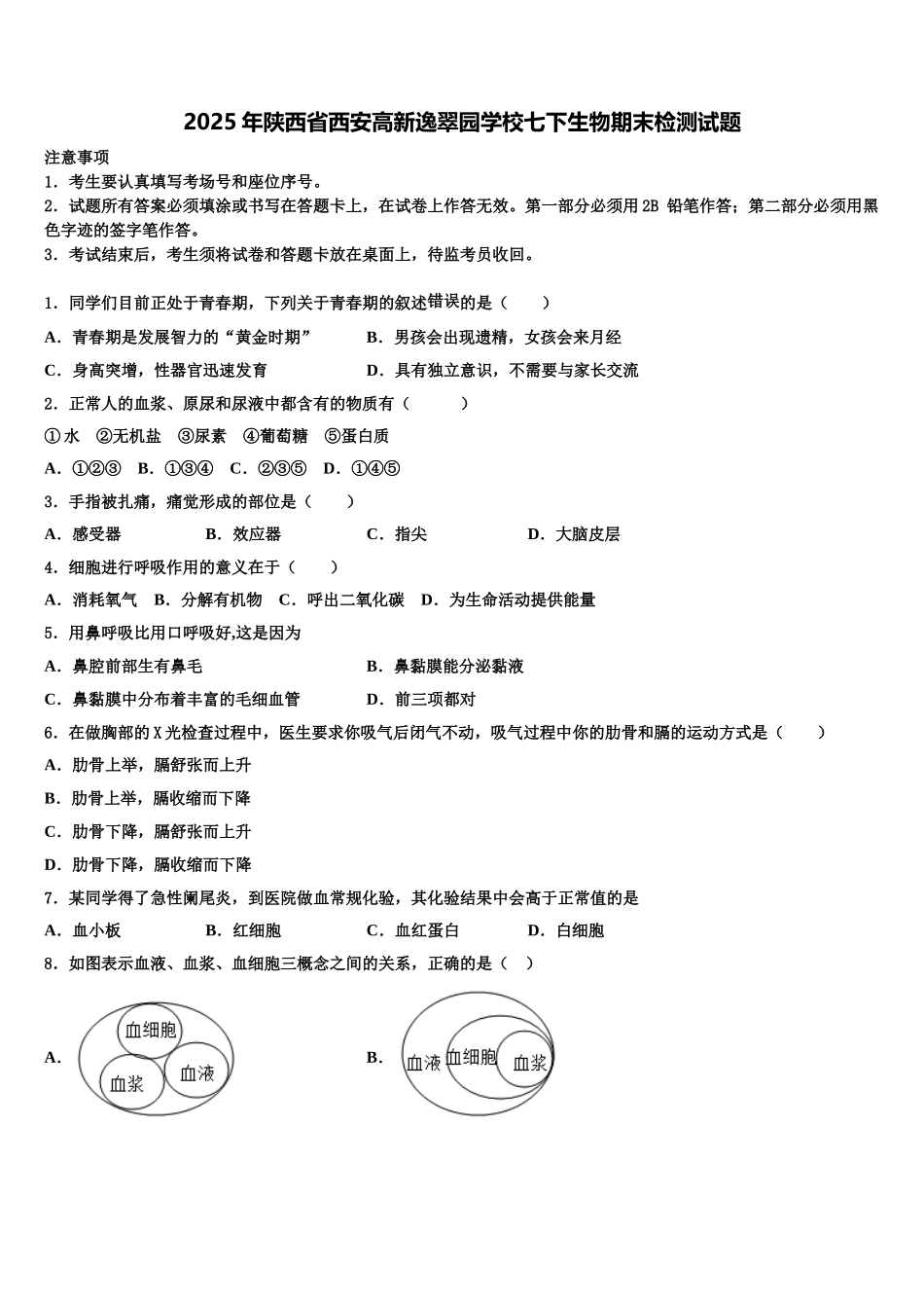 2025年陕西省西安高新逸翠园学校七下生物期末检测试题含解析_第1页
