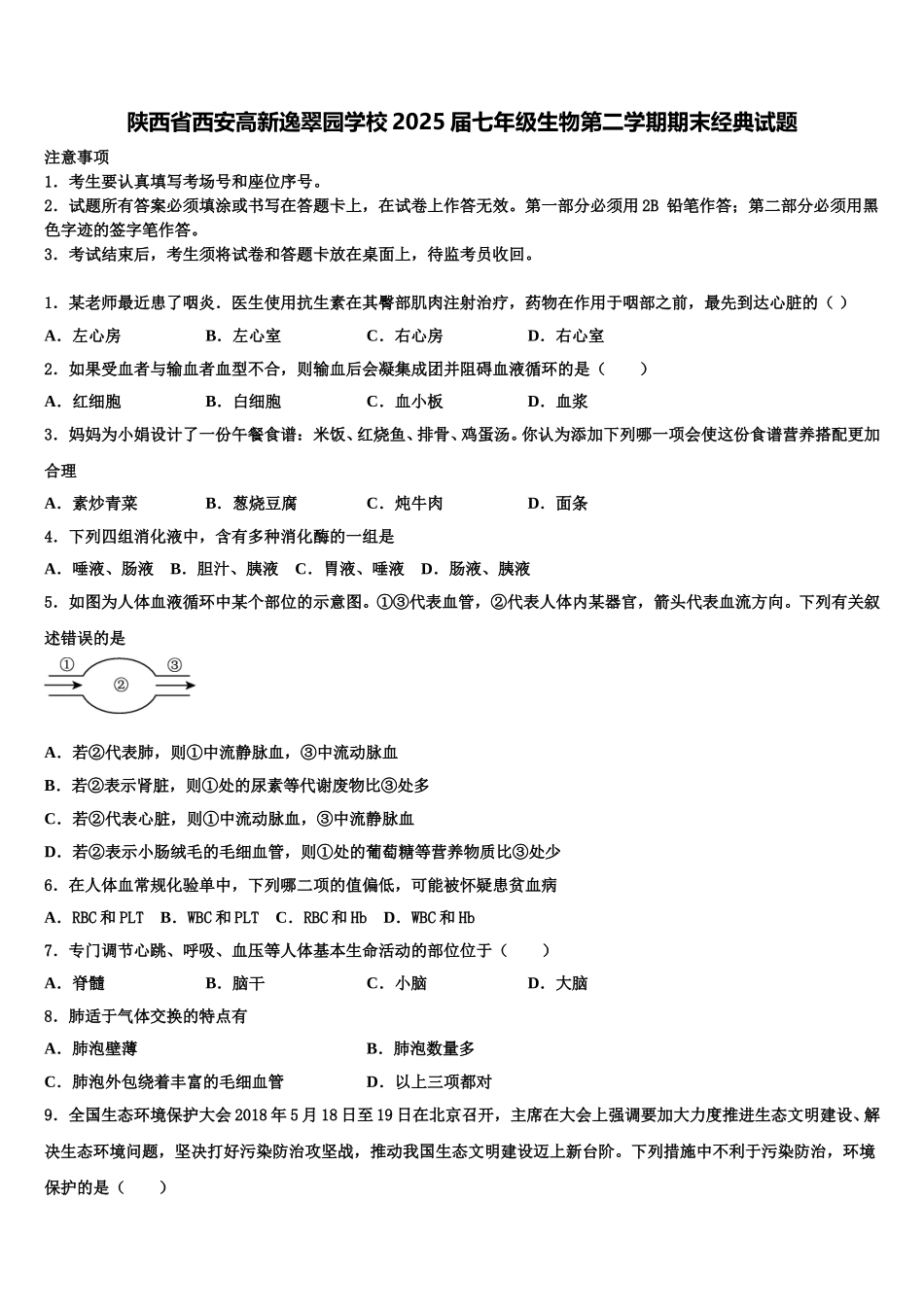 陕西省西安高新逸翠园学校2025届七年级生物第二学期期末经典试题含解析_第1页