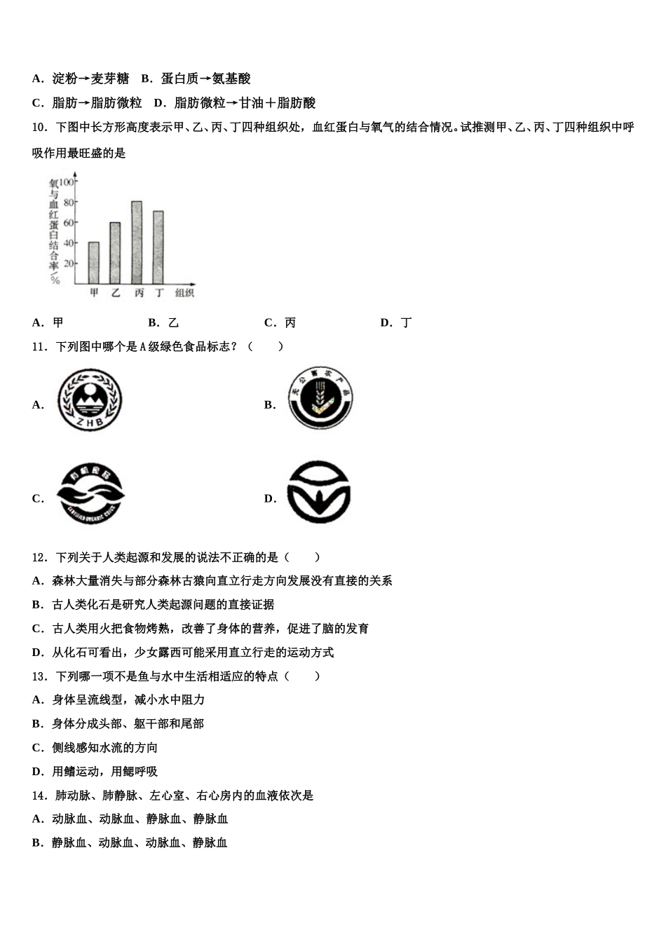 2025年陕西西安远东二中学生物七下期末达标检测模拟试题含解析_第2页