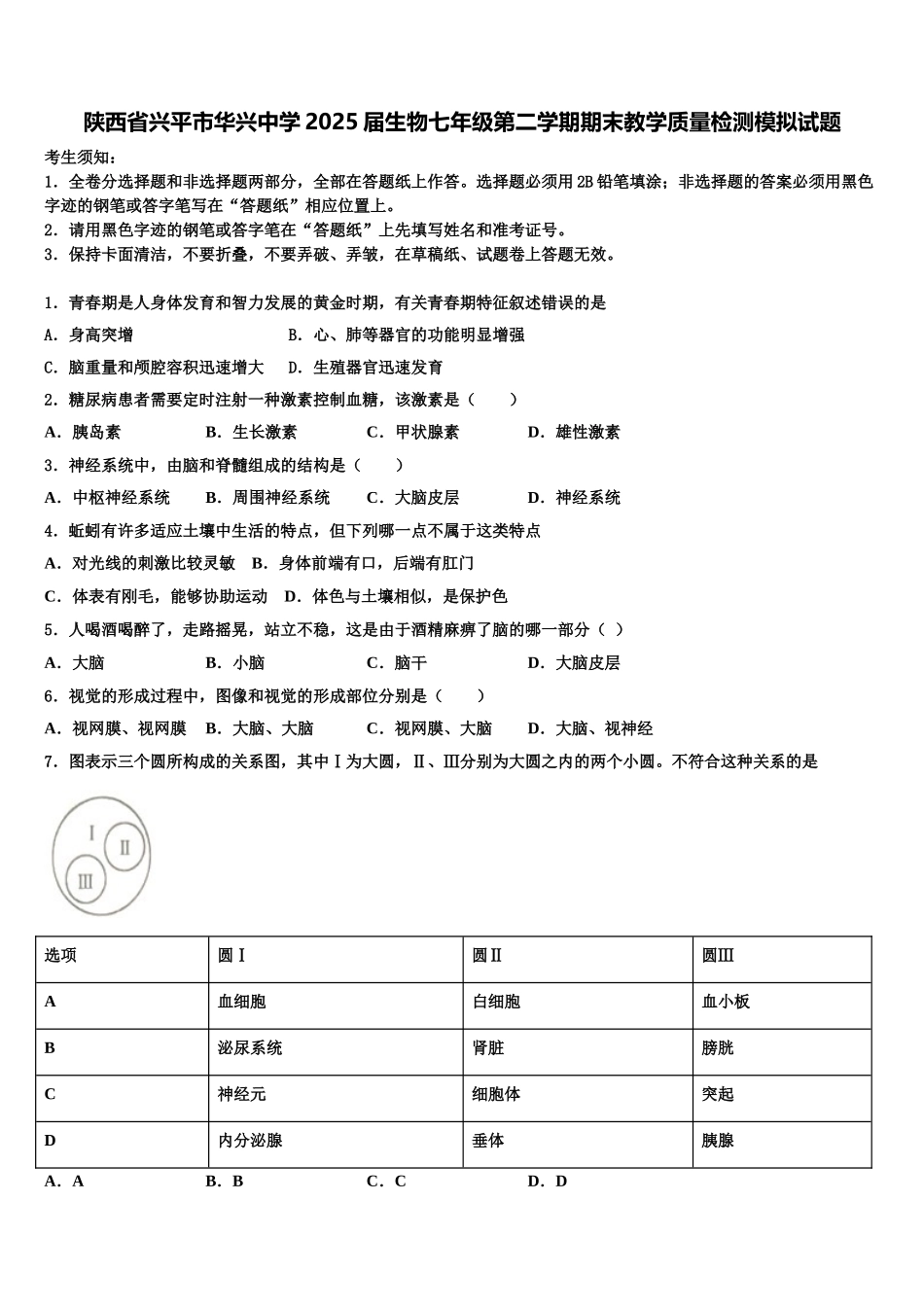 陕西省兴平市华兴中学2025届生物七年级第二学期期末教学质量检测模拟试题含解析_第1页