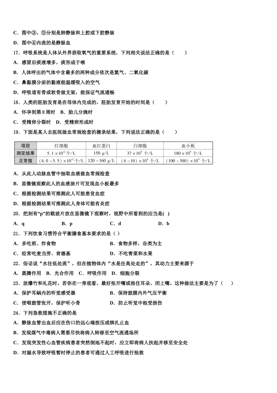 2025年陕西西安雁塔区师范大附属中学七下生物期末调研模拟试题含解析_第3页