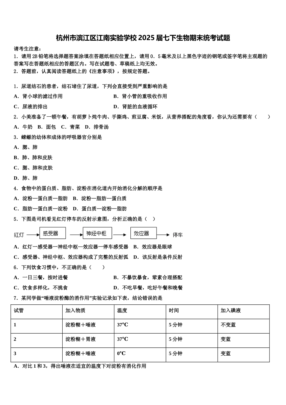 杭州市滨江区江南实验学校2025届七下生物期末统考试题含解析_第1页