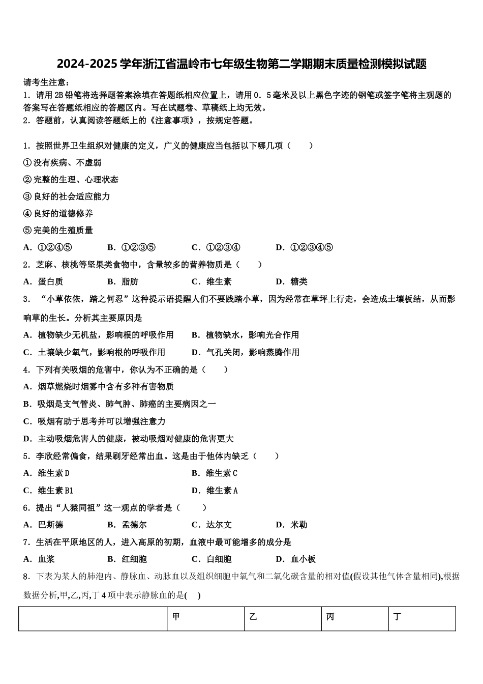 2024-2025学年浙江省温岭市七年级生物第二学期期末质量检测模拟试题含解析_第1页