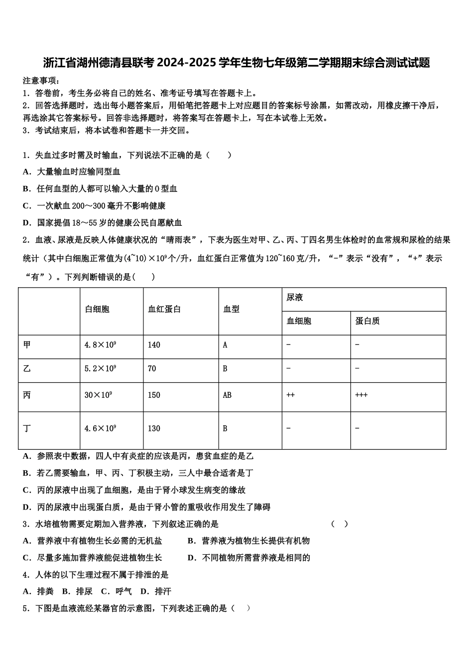 浙江省湖州德清县联考2024-2025学年生物七年级第二学期期末综合测试试题含解析_第1页