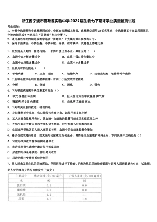浙江省宁波市鄞州区实验中学2025届生物七下期末学业质量监测试题含解析