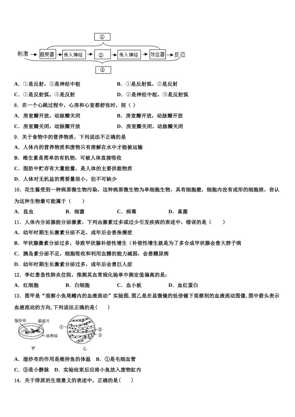 2024-2025学年浙江省杭州杭州经济开发区五校联考生物七下期末学业质量监测模拟试题含解析_第2页