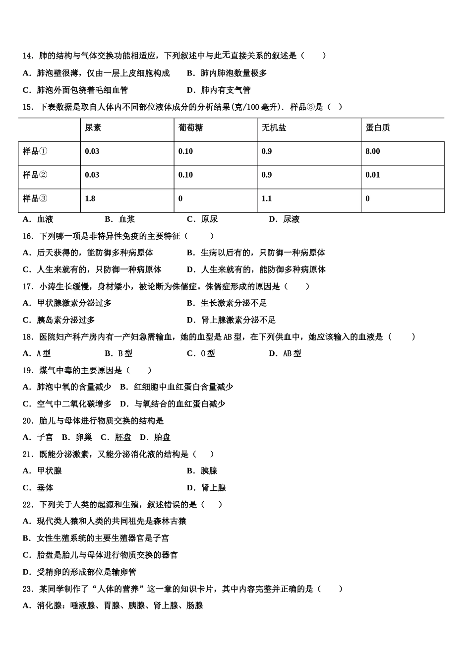 舟山市重点中学2024-2025学年七年级生物第二学期期末统考模拟试题含解析_第3页