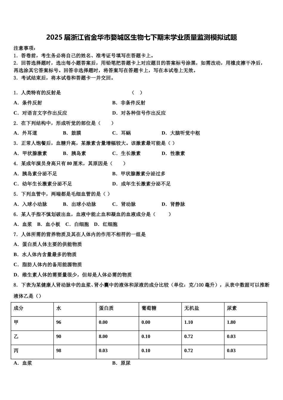 2025届浙江省金华市婺城区生物七下期末学业质量监测模拟试题含解析_第1页